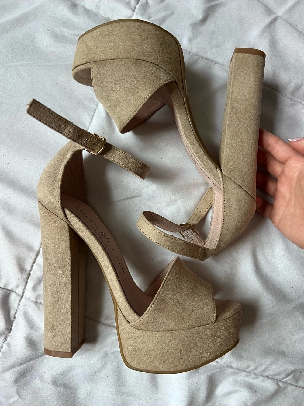 Chinese Laundry Taupe Suede Platform Ankle-Strap Heels